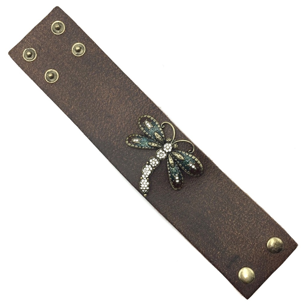 Brown Leather Western Rhinestone Wide Gold Dragonfly Wrap Snap Bracelet